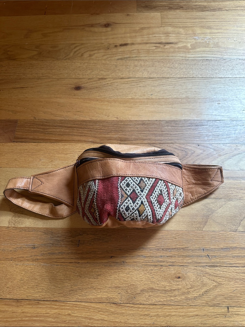 Handwoven Brown Leather Waist Bag with Multicolor Pattern